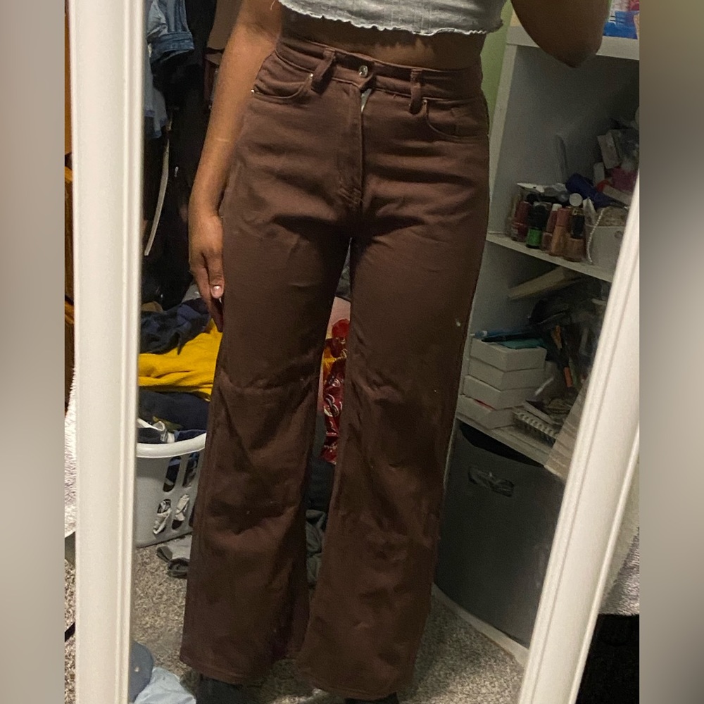 shein straight wide leg brown jeans size 6
